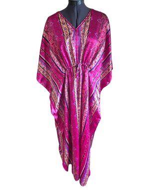 Vintage Metropolitan Vibrant Pink Satin Caftan Dress OS Mrs Roper Glam Boho